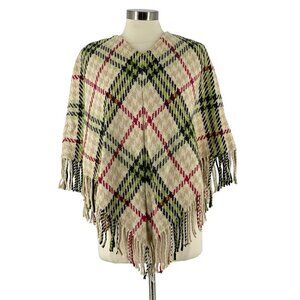 Burberry London V-Neck Fringed Poncho Cream Houndstooth Check Wool Cashmere OS